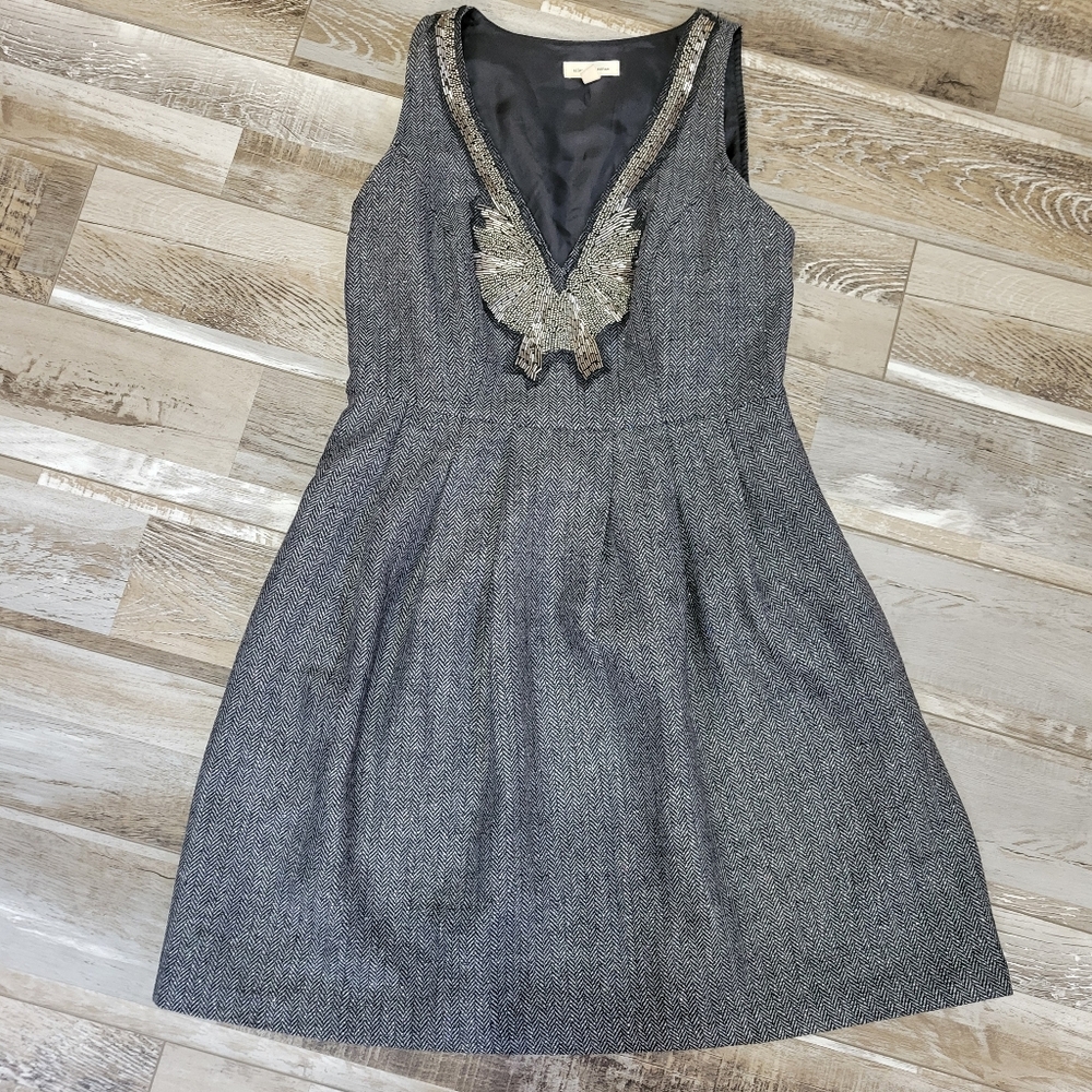 Anthropologie Silence + Noise Gray Wool Tweed Beaded Sleeveless Dress Size 4